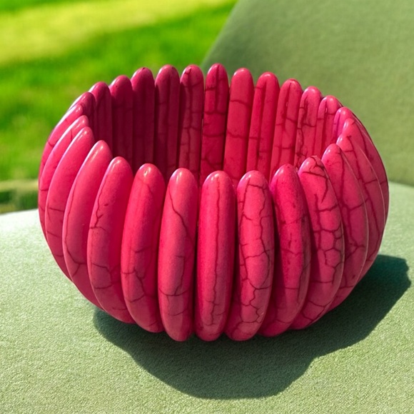 Bright Pink Summer Boho Coastal Vacation Heavy Stone Beach Bracelet - Picture 2 of 5